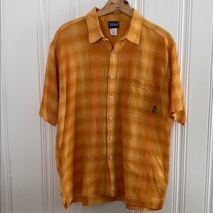 Patagonia Men's XL organic cotton orange and yellow Plaid Button Down Shirt
